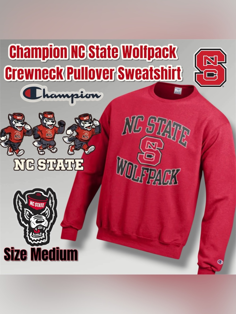 Champion Red NC State Wolfpack Pullover Sweatshirt, Size Medium